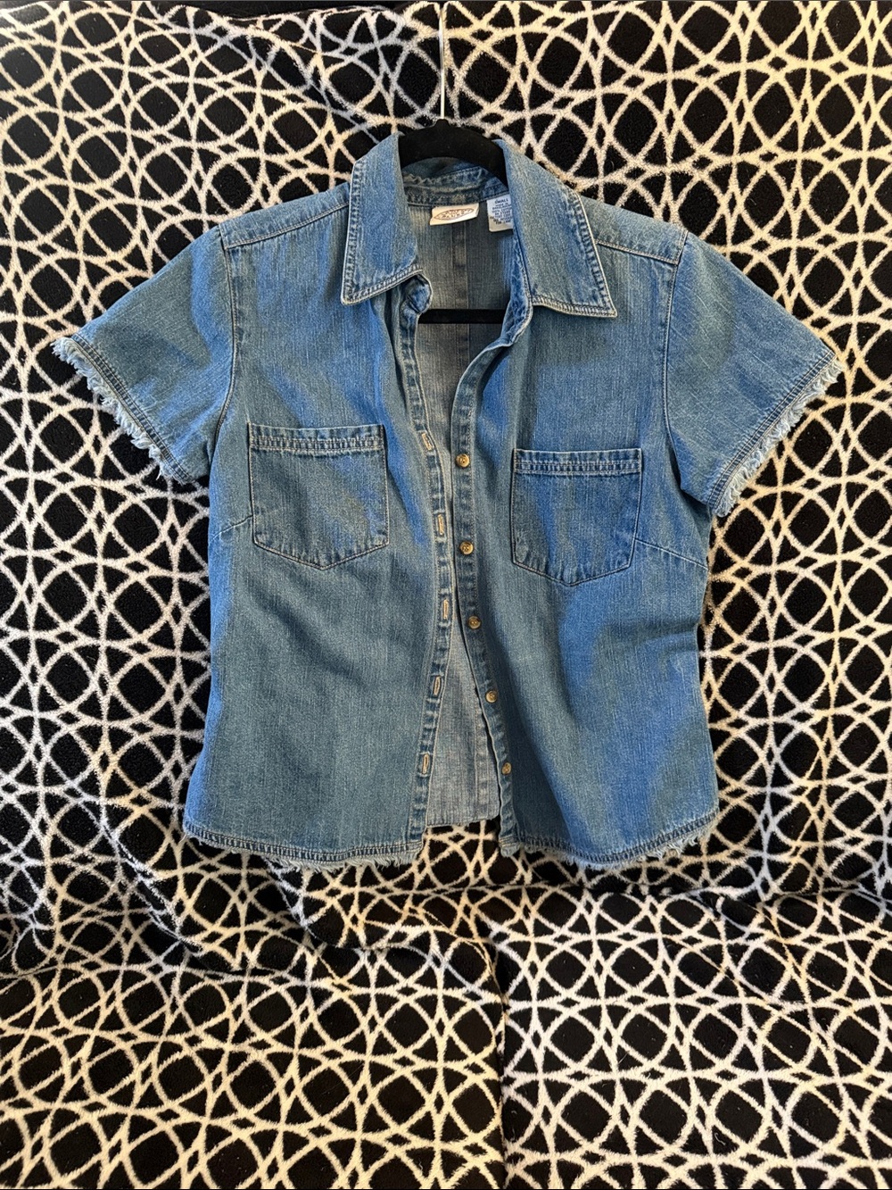 Classic Medium Blue Denim Short-Sleeve Button-Down Shirt w fringed sleeves & hem